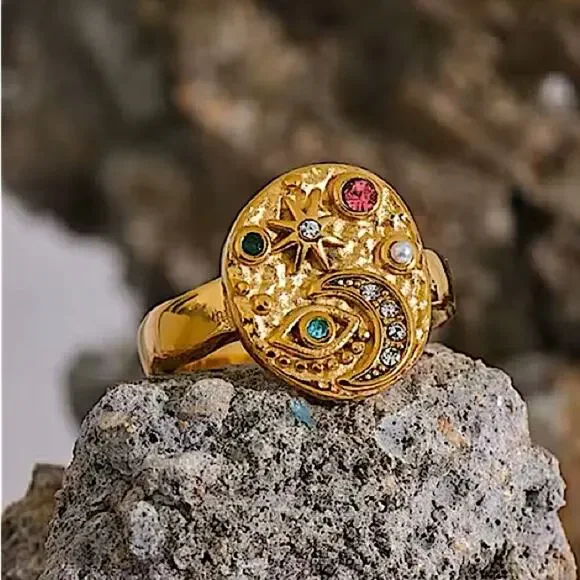 Gold Zircon Evil Eye Star Moon Ring Stainless Steel Gold Plated Bojo - Picture 3 of 6